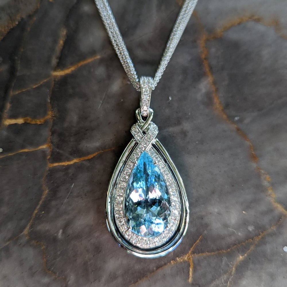 Signed Frederic Sage Aquamarine & Diamonds Necklace 750 18k White Gold Teardrop